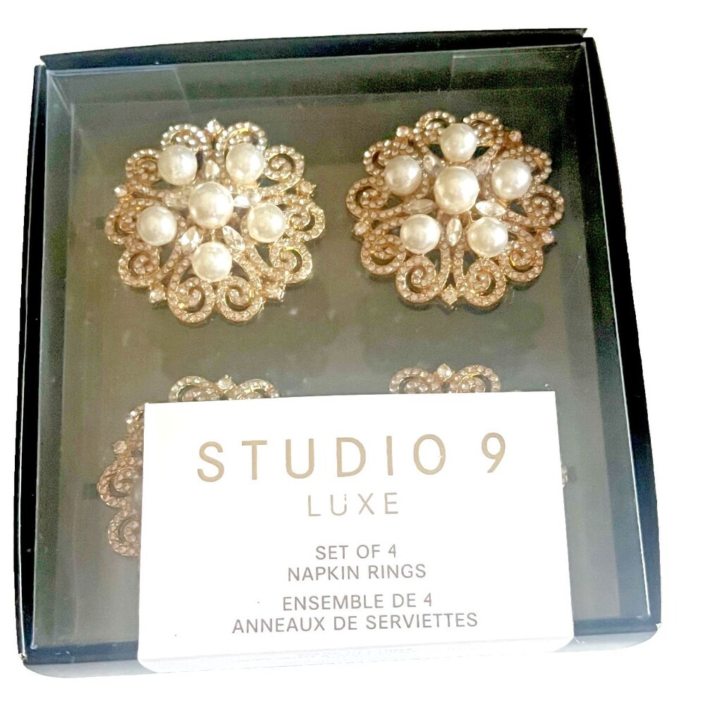 Studio 9 Luxury Round Napkin Rings Set of 4 Goldtone Rhinestones Pearls